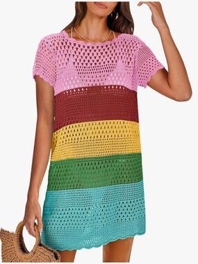 Striped Multicolor Crochet Swim Cover-Up Dress